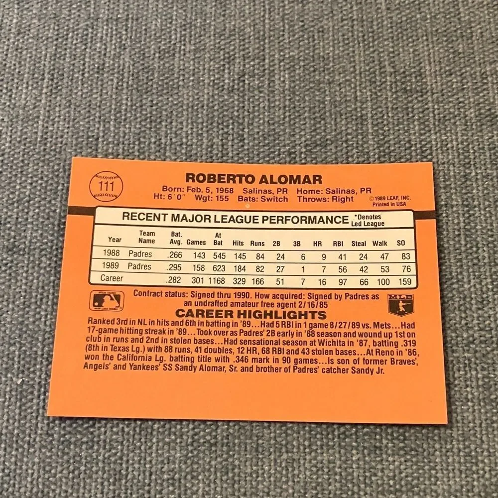 1990 Donruss San Diego Padres Baseball Card Trading Card